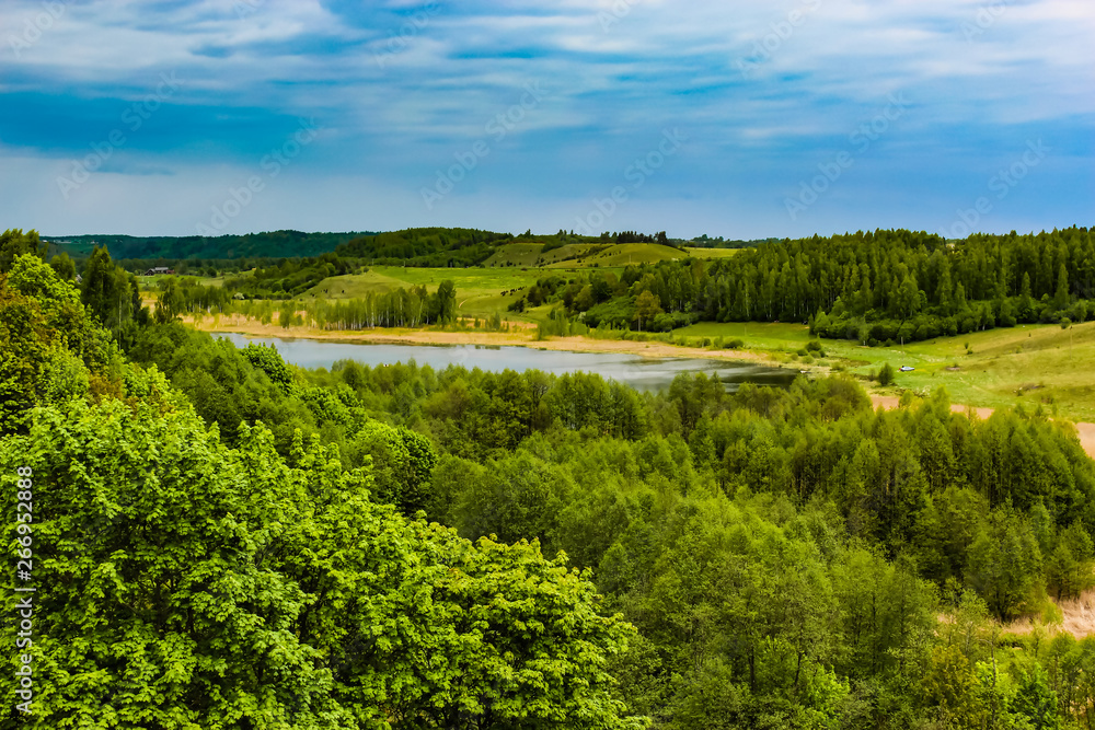 beautiful rural summer landscape with forest, river, blue sky and white clouds.