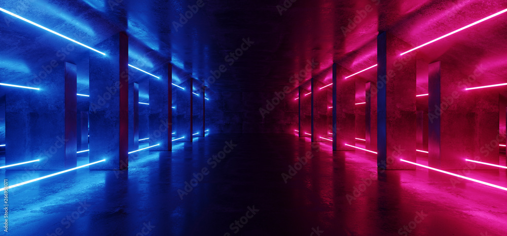 Sci Fi Neon Modern Futuristic VIbrant Glow Purple Blue Laser Show Stage  Track Path Entrance Gate Underground Garage Hall Tunnel Corridor Glossy  Dark Club Spaceship 3D Rendering Illustration Stock | Adobe Stock