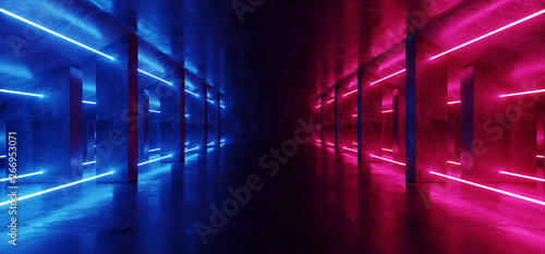 Sci Fi Neon Modern Futuristic VIbrant Glow Purple Blue Laser Show Stage Track Path Entrance Gate Underground Garage Hall Tunnel Corridor Glossy Dark Club Spaceship 3D Rendering