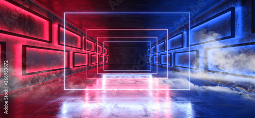 Smoke Futuristic Sci Fi Modern Spaceship Neon Glowing Purple Blue Stage Tunnel Corridor Underground Concrete Grunge Reflections Fluorescent 3D Rendering