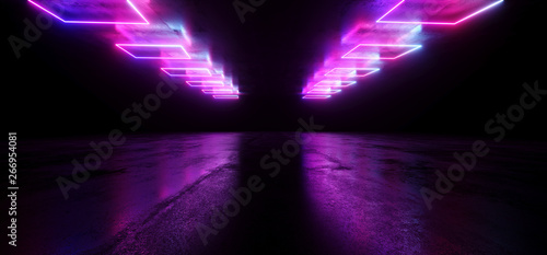 Stage Neon Construction Laser Show Glowing Purple Blue Lights Vibrant Reflective Dark Concrete Grunge Underground Club Space Fluorescent Modern Retro 3D Rendering