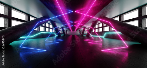 Futuristic Neon Sci Fi Vibrant Glowing Purple Blue White Hall Huge Windows Concrete Grunge Lasers Stage Corridor Entrance Gate Path Virtual Abstract Shapes Reflective 3D Rendering