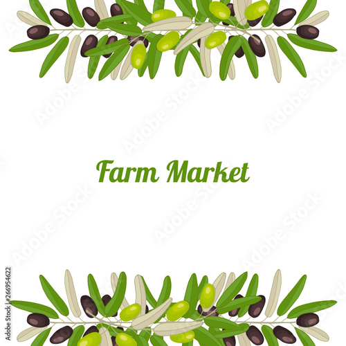 Black and green olives horisontal border on white background. Hand drawn vector illustration.