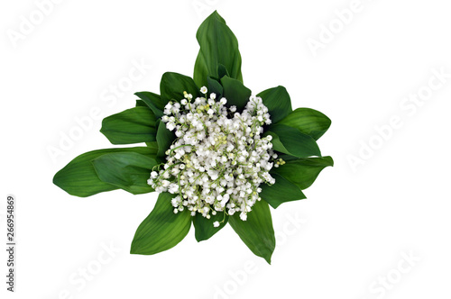 A bouquet of lily of the valley on a white background. Space for text.