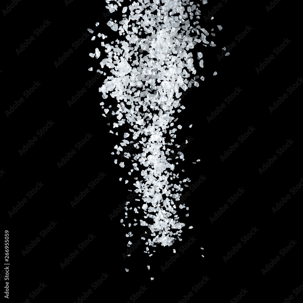 Large White Sea Salt Falling On A Black Background.
