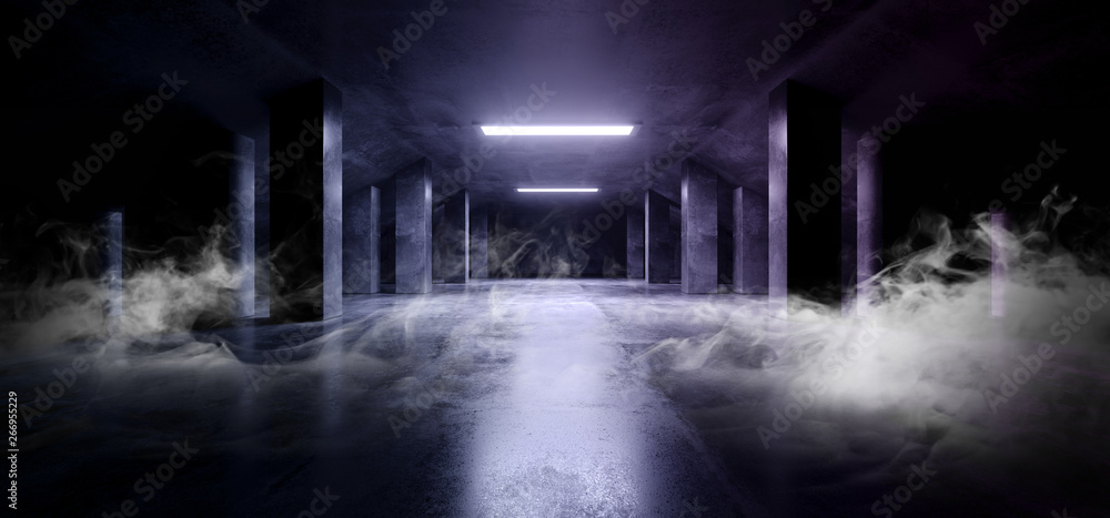 Smoke Sci Fi Modern Dark Concrete Cement Asphalt Futuristic Spaceship Elegant Underground Garage Tunnel Corridor Empty Space Blue White Glow Glossy Columns 3D Rendering