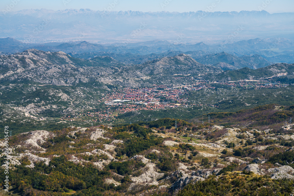 Panoramic view from Lovcen mountain, Cetinje city in the distance. Montenegro.
