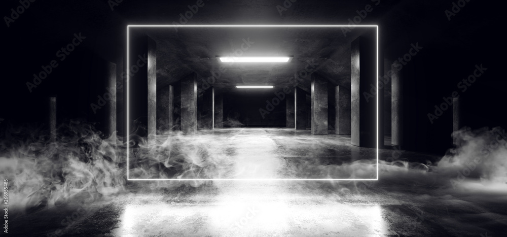 Smoke Sci Fi Neon Modern Futuristic Glow White Laser Show Stage Track Path Entrance Gate Underground Garage Hall Tunnel Corridor Glossy Dark Club Spaceship 3D Rendering