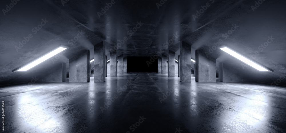 Sci Fi Modern Dark Concrete Cement Asphalt Futuristic Spaceship Elegant Underground Garage Tunnel Corridor Empty Space White Glow Glossy Columns 3D Rendering
