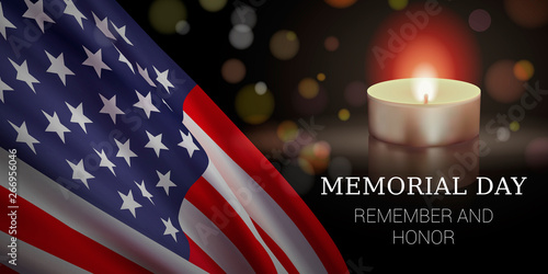 Memorial Day vector banner design template with American flag, candle, and text for remembering and honoring persons who have died while serving in the United States Armed Forces.