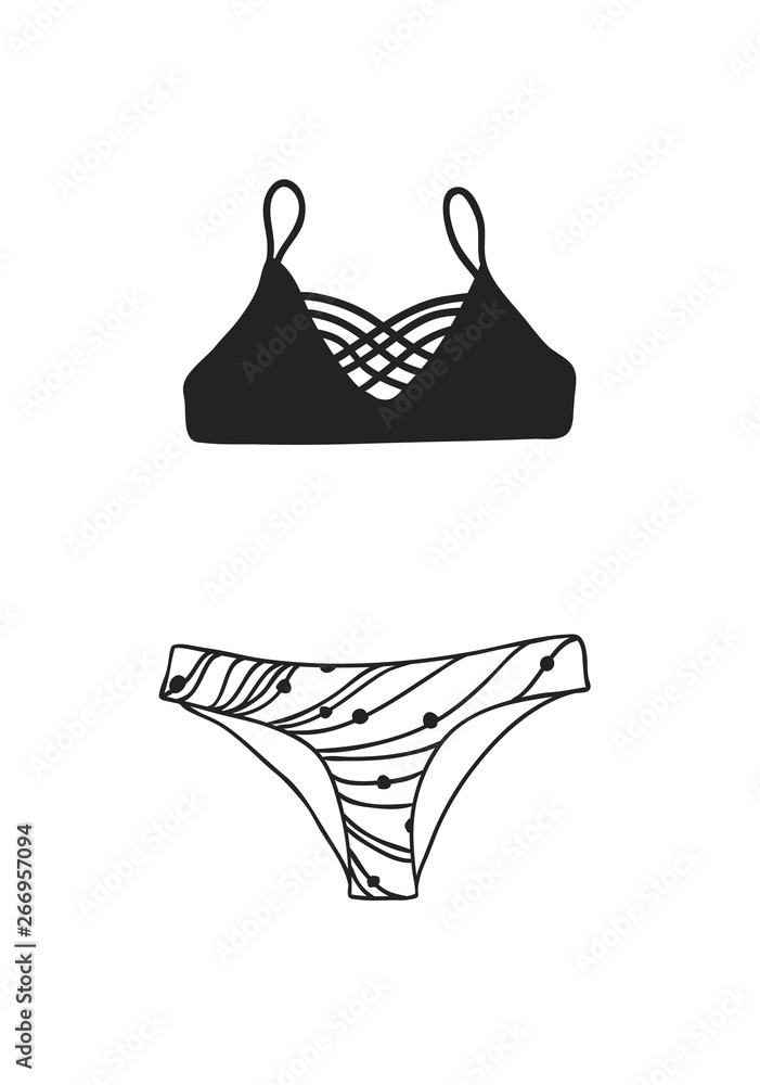 Hand drawn summer bikini illustration. Actual tropical vector background. Artistic doodle drawing pattern. Creative ink art work Hand drawn summer bikini illustration. Actual tropical vector background. Artistic doodle drawing pattern. Creative ink art work