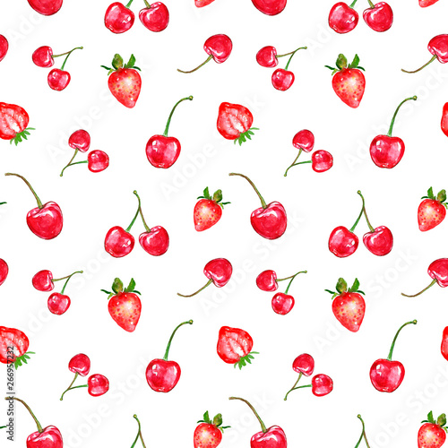 Watercolor red berries seamless pattern on white background. Fresh summer fruits print. Ripe strawberries and cherry.