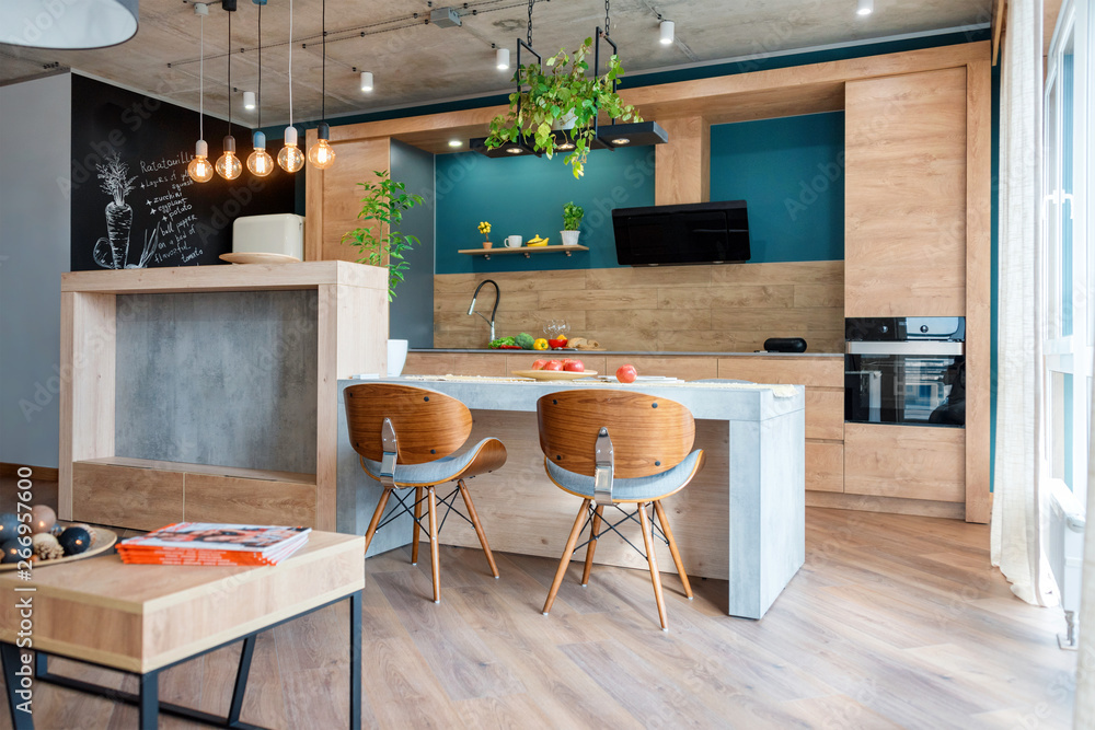 Image showcasing Modern furniture in luxury kitchen. Minimalist scandinavian interior in ...