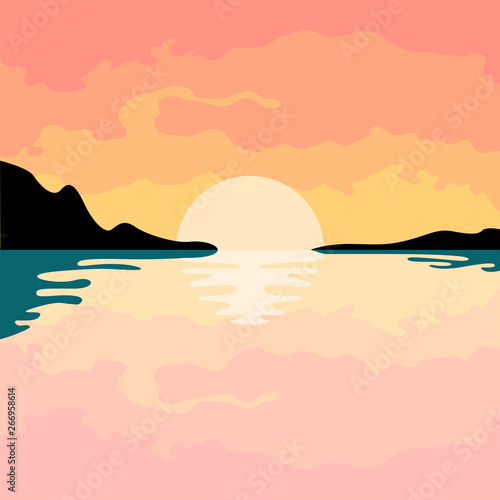 Isolated beautiful seascape with sunset illustration - Vector