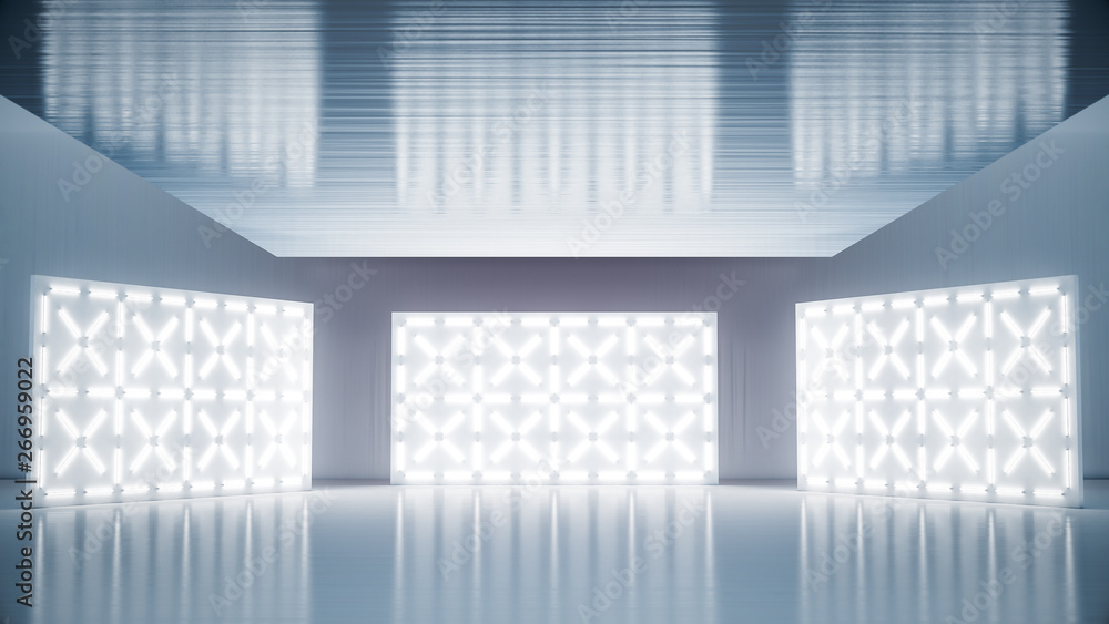 Fototapeta premium Glowing neon lighting on wall and a blank stage background for product placement. 3D illustration.