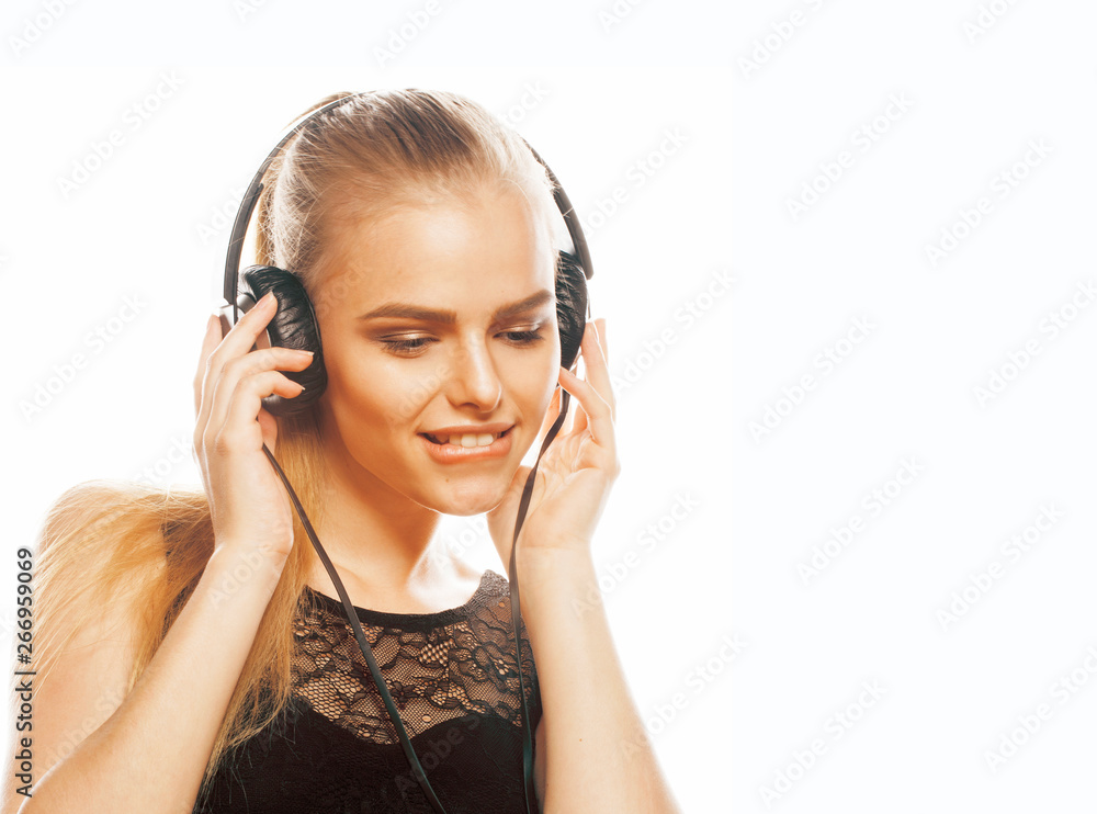 young sweet talented teenage girl in headphones singing isolated on white young sweet talented teenage girl in headphones singing isolated on white