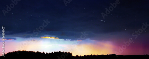 Stars sky over colorful forest mist. Sky background.