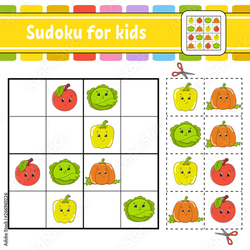 Sudoku for kids. Education developing worksheet. Activity page with pictures. Puzzle game for children. Logical thinking training. Isolated vector illustration. Funny character. Cartoon style.