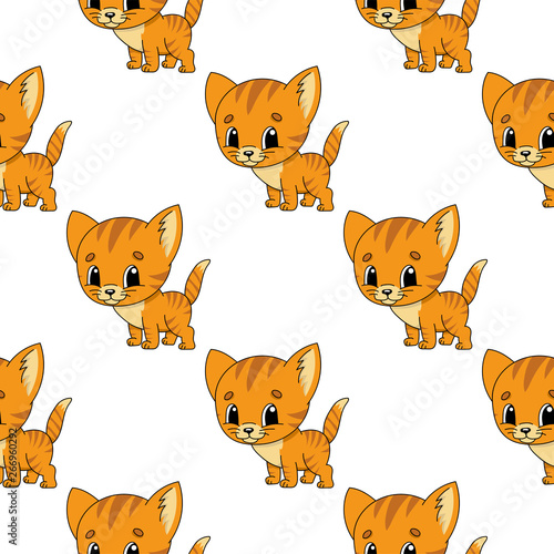 Happy kitten. Colored seamless pattern with cute cartoon character. Simple flat vector illustration isolated on white background. Design wallpaper, fabric, wrapping paper, covers, websites.