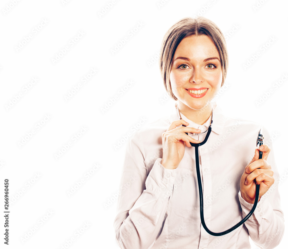 young pretty woman doctor with stethoscope on white background 