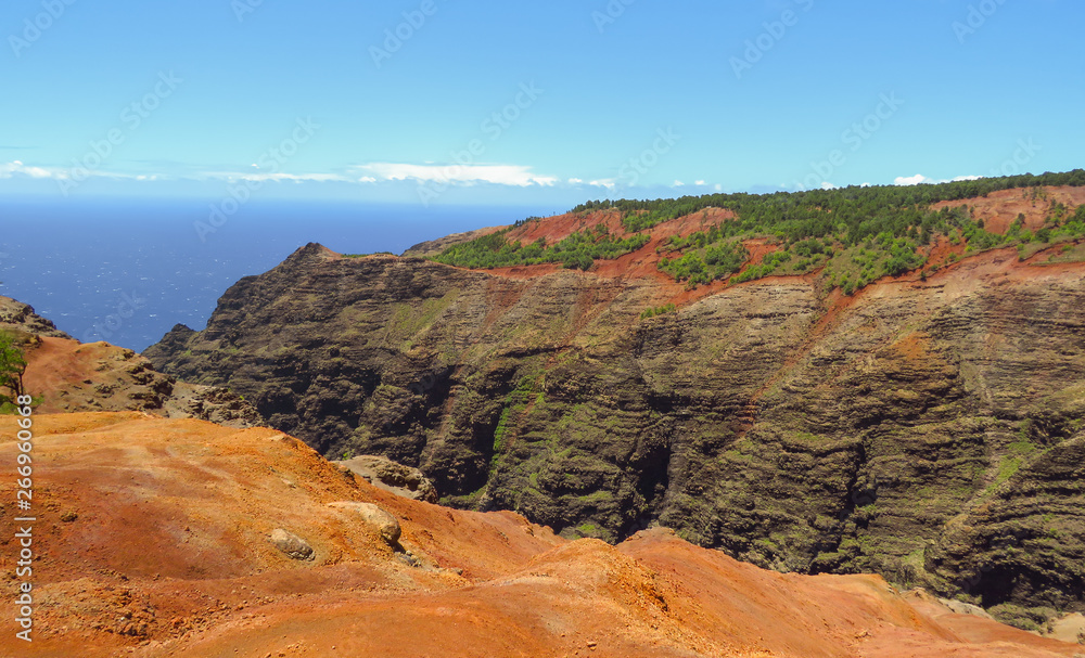 Red rocks, sand and cliffs at Waimea Canyon, aka the Grand Canyon of the Pacific, Kauai, Hawaii, USA