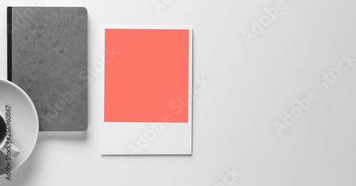gray leather Notebook/book on white background isolated from above with a coffee cup and a empty rose polaroid picture with space for text, mokup for business. Free Download gray leather Notebook/book on white background isolated from above with a coffee cup and a empty rose polaroid picture with space for text, mokup for business. - GFXLoad