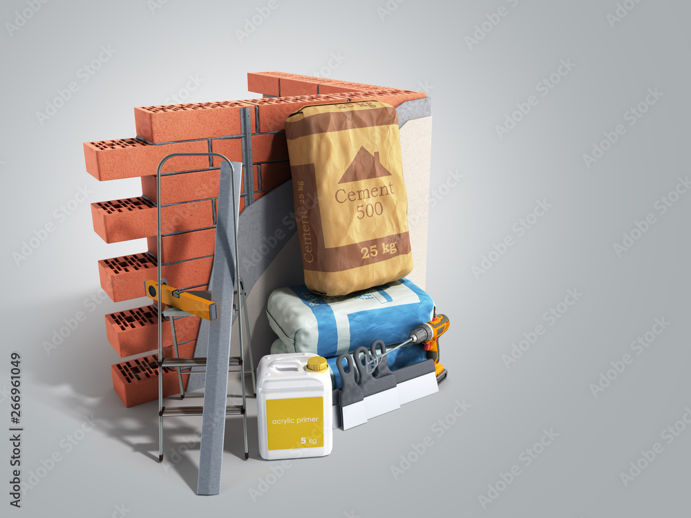 Home renovation restructuring process repair wall painting new house construction concept brick wall with plaster putty and cement 3d render on grey gradient
