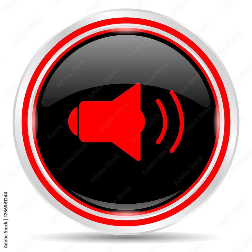 Sound icon. Round metal web button, black and red. Sound icon. Round metal web button, black and red.