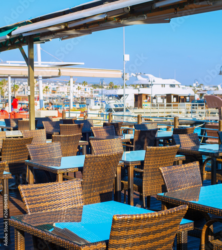 Fototapeta Naklejka Na Ścianę i Meble -  Empty restaurant Paphos port Cyprus