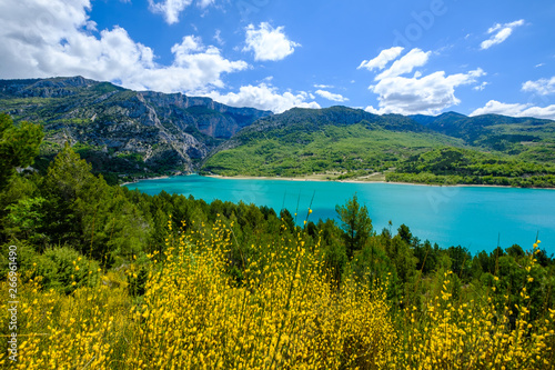 Obraz na płótnie Vue panoramique sur le lac de Sainte-Croix au printemps, ciel bleu avec de beaux nuages, fleur de genêt au premier plan. Provence, France. Gorges du Verdon. w salonie