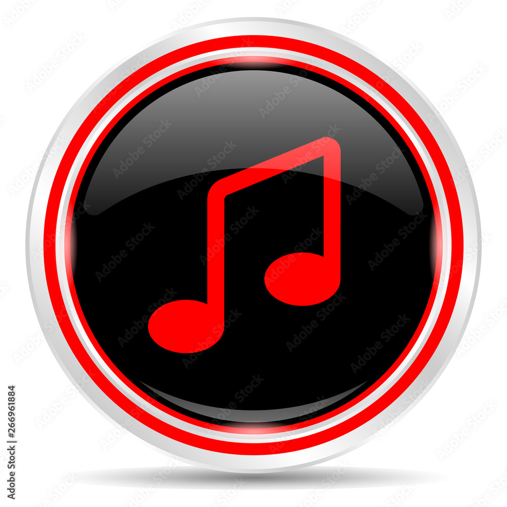 Melody icon. Round metal web button, black and red. Melody icon. Round metal web button, black and red.
