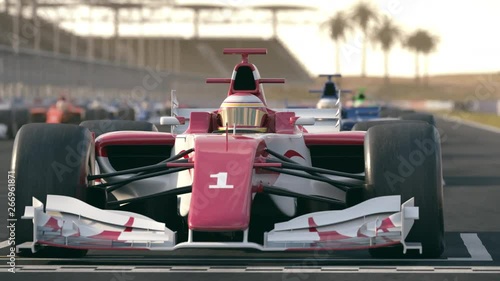 Camera slowly pans to a generic red race car at pole position - realistic high quality 3d animation - my own car design - no copyright/trademark infringement