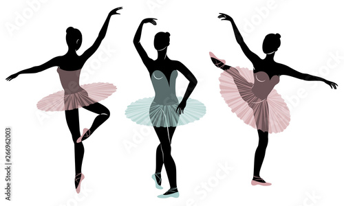 Collection. Silhouette of a cute lady, she is dancing ballet. The girl has a beautiful figure. Woman ballerina. Vector illustration set