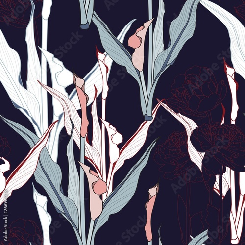 Blue line callas lily flowers with red line tulips flowers, vintage dark blue background. Floral seamless pattern.