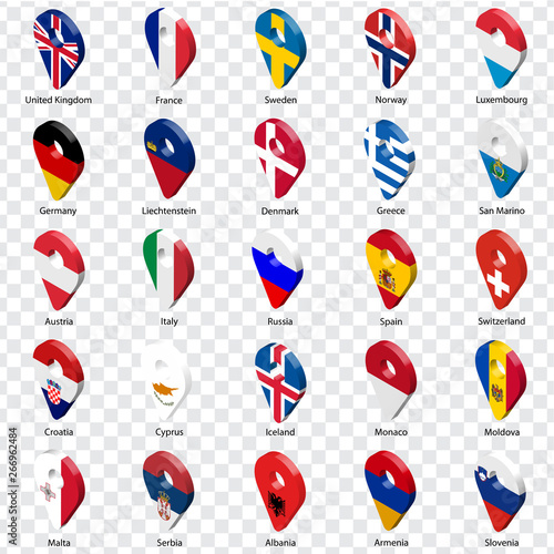 3D geolocation signs of twenty five European countries with inscriptions. Set of  twenty five 3d geolocation icons on transparent background. Flags of European countries in the form of location signs.