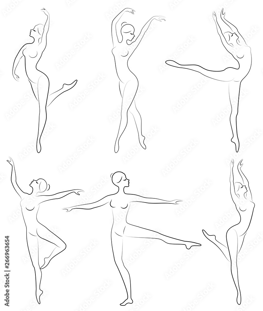 Collection. Silhouette of a cute lady, she is dancing ballet. The girl has a slim beautiful figure. Woman ballerina. Vector illustration set Collection. Silhouette of a cute lady, she is dancing ballet. The girl has a slim beautiful figure. Woman ballerina. Vector illustration set