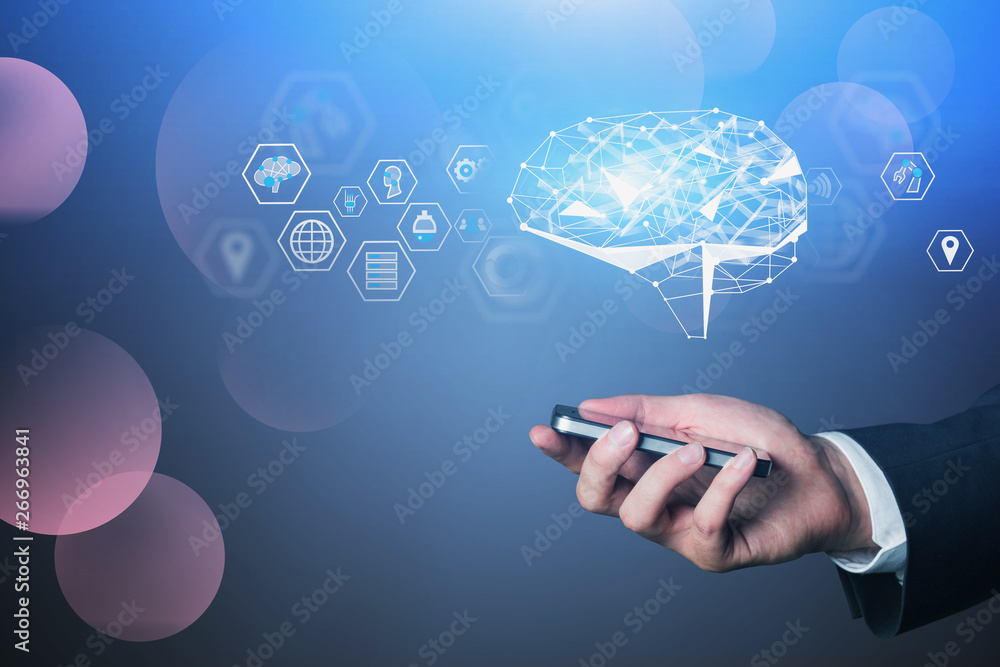 Man hand with phone, AI brain hologram and icons Man hand with phone, AI brain hologram and icons
