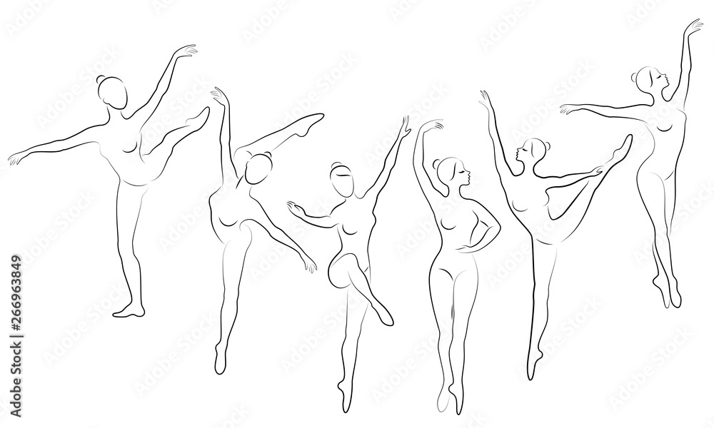 Collection. Silhouette of a cute lady, she is dancing ballet. The girl has a slim beautiful figure. Woman ballerina. Vector illustration set Collection. Silhouette of a cute lady, she is dancing ballet. The girl has a slim beautiful figure. Woman ballerina. Vector illustration set