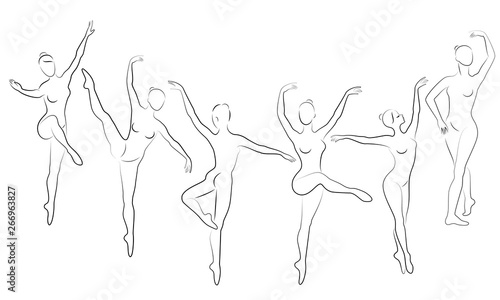 Collection. Silhouette of a cute lady, she is dancing ballet. The girl has a slim beautiful figure. Woman ballerina. Vector illustration set