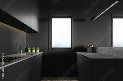 Loft gray kitchen with countertops and island