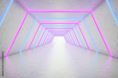 Fototapeta Naklejka Na Ścianę i Meble -  Empty white and pink hexagonal neon corridor