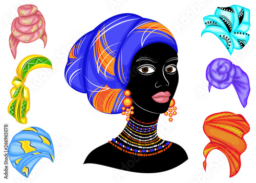 Collection. Silhouette of a head of a sweet lady. A bright shawl, a turban is tied on the head of an African-American girl. The woman is beautiful and stylish. Set of vector illustrations