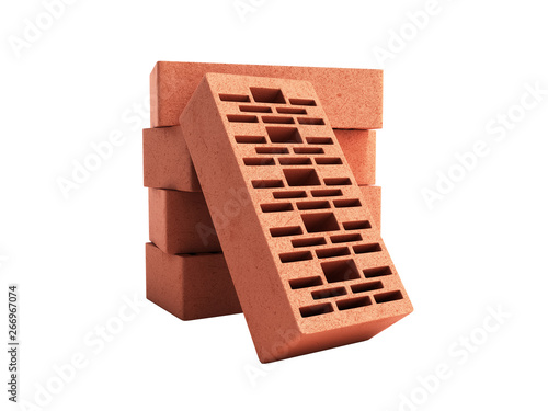 Solid clay bricks used for construction new red brick 3d render on white background no shadow