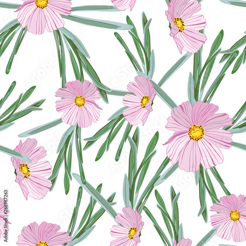 Seamless floral pattern of spring pink flowers and grasses on the white background. Fabric texture. Wallpaper.