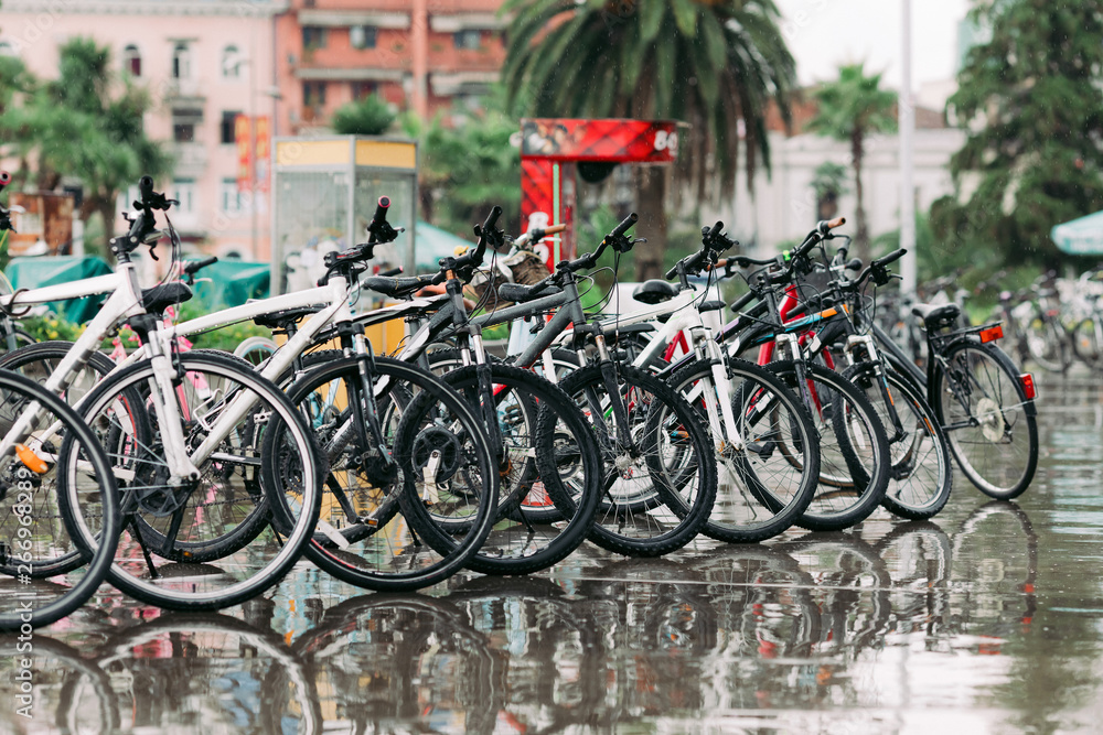 Row of parked different bicycles. bicycles stand on a parking for rent after the rain