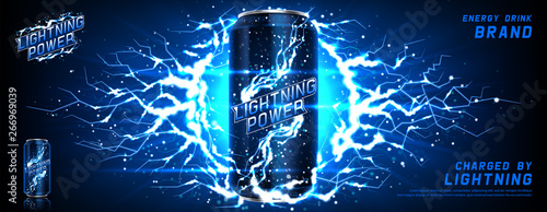 Energy drink ads banner. Vector illustration with energy drink can, bright lightnings and shining thunderstorms. Realistic 3d illustration.