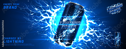 Energy drink ads background. Vector illustration with energy drink can, bright lightnings and shining thunderstorms. Realistic 3d illustration.