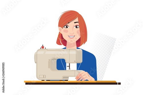 Young beautiful seamstress is working of cloth factory, isolated on white vector illustration