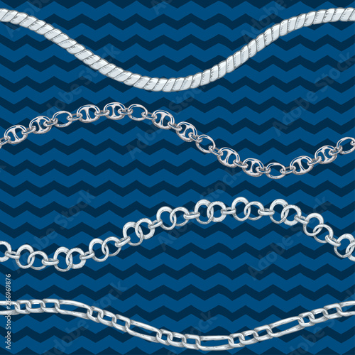 Seamless pattern with retro hand-drawn sketch silver chain on dark background. Drawing engraving texture. Great design for fashion, textile, decorative frame, yacht style card.