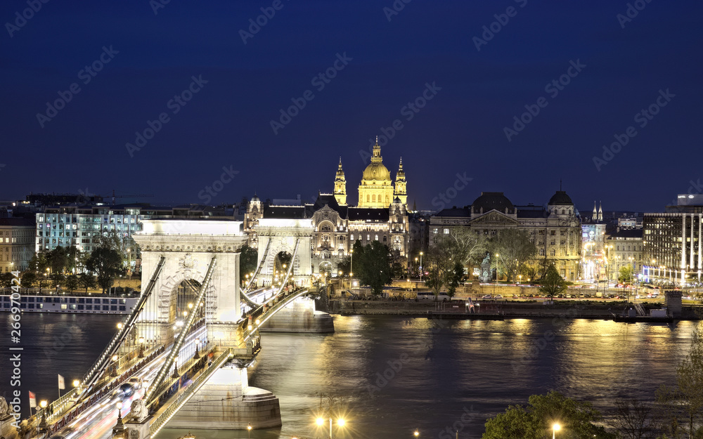 Chain Bridge leading to Pest side with Basilika in the distance in Budapest.